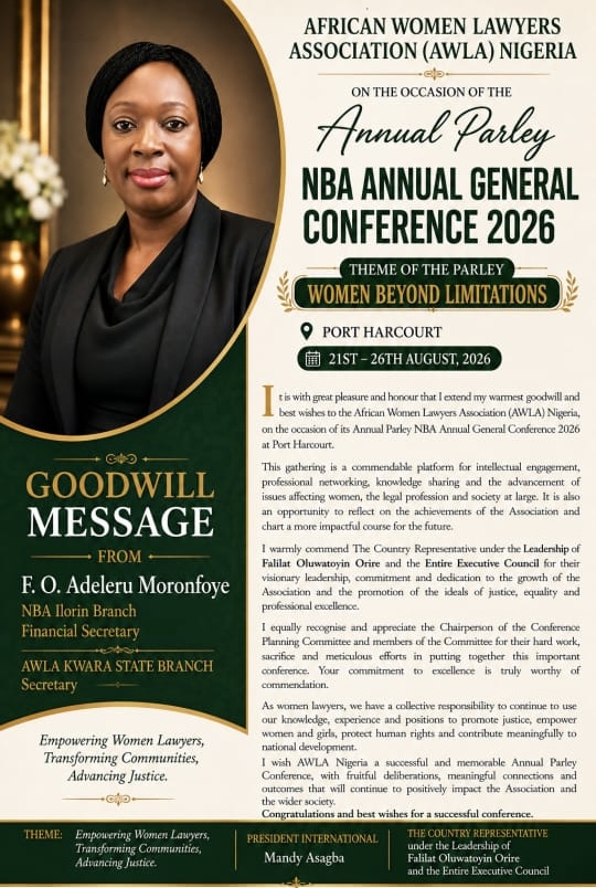 F.O. Adeleru Moronfoye Extends Goodwill Message to AWLA Nigeria on Annual Parley and NBA Annual General Conference 2026
